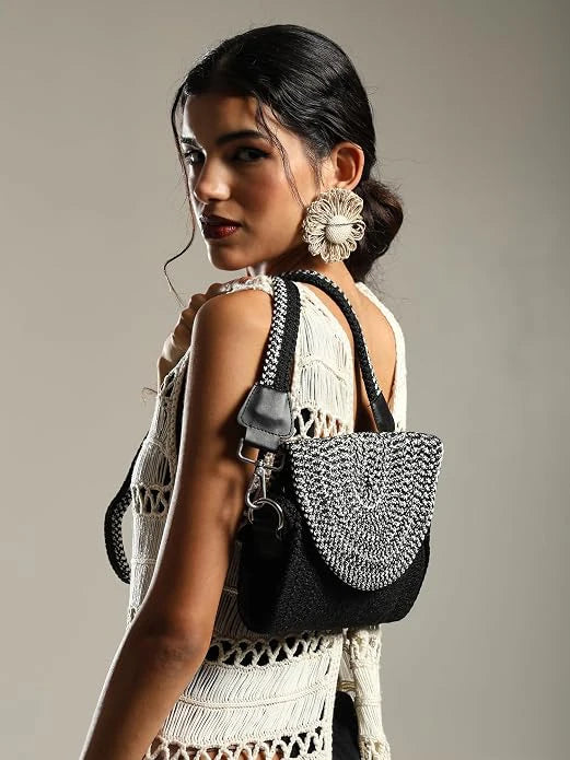 ENSAC Women's Woven Crochet Sling Bag with Flap, Top Handle & Crossbody Bag