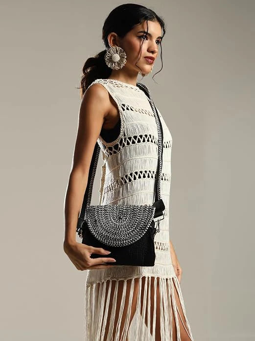 ENSAC Women's Woven Crochet Sling Bag with Flap, Top Handle & Crossbody Bag