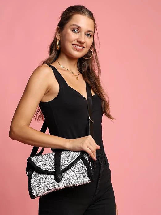 ENSAC Women's Woven Crochet Sling Bag with Flap, Top Handle & Crossbody Bag