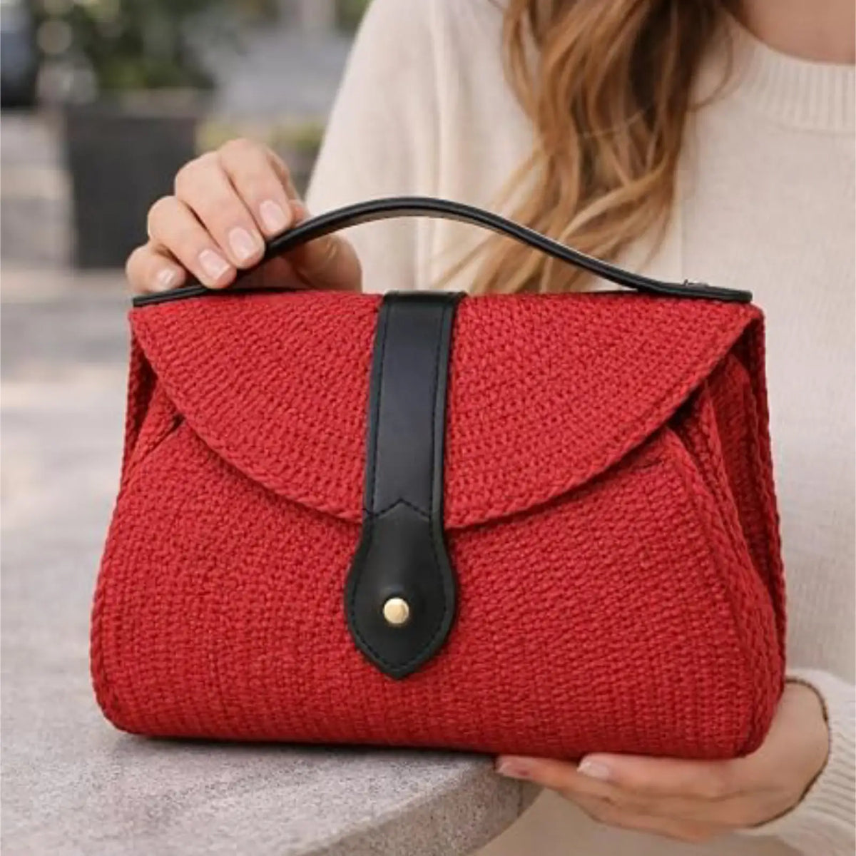 ENSAC Women's Woven Crochet Sling Bag with Flap, Top Handle & Crossbody Bag