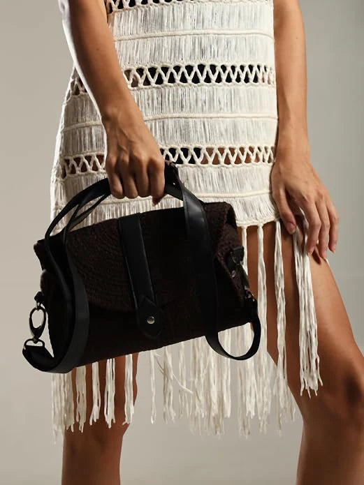 ENSAC Women's Woven Crochet Sling Bag with Flap, Top Handle & Crossbody Bag