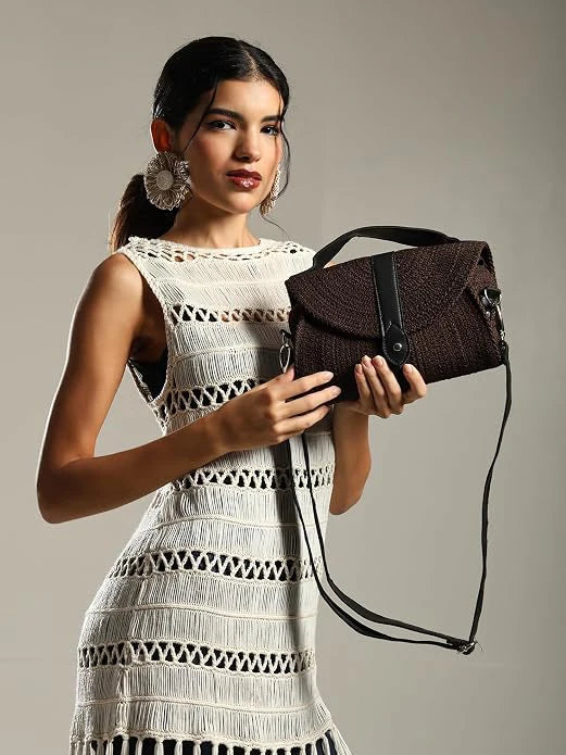 ENSAC Women's Woven Crochet Sling Bag with Flap, Top Handle & Crossbody Bag