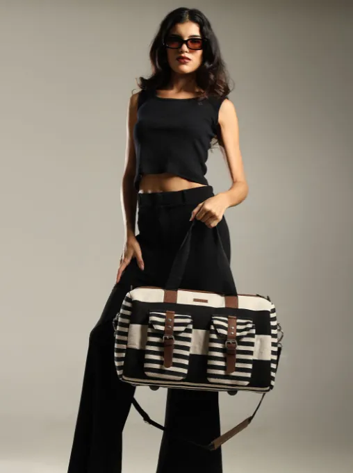 ENSAC Black & White Striped Duffel Travel Bag with Top Handle for Women and Men