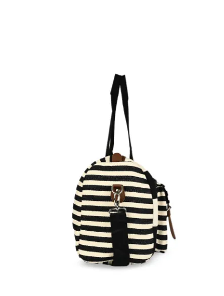 Black and white striped bag with brown straps on a white background BY ENSAC