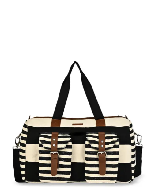 Black and white striped bag with brown straps on a white background BY ENSAC