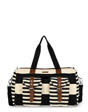 Black and white striped bag with brown straps on a white background BY ENSAC
