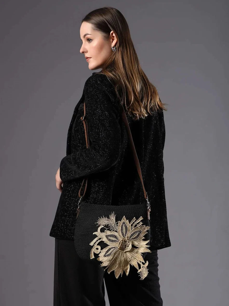 ENSAC Embroidered Sling Bags for Women – Black Crossbody Bag with Golden Floral Patch