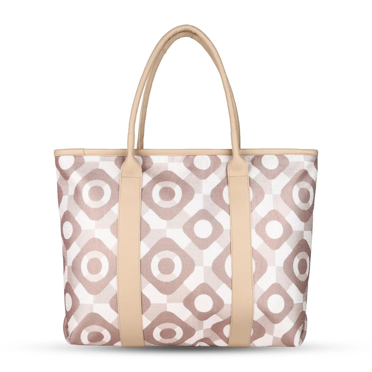 ENSAC Women's Beige & White Geometric Print Natural Woven Laptop Tote Bag with Ribbon Charm