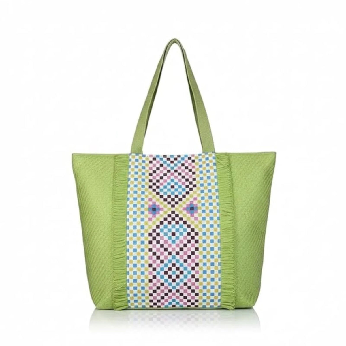 ENSAC Checkered Fringe Beach Bag Tote for women | Woven Geometric Summer Shoulder Handbag