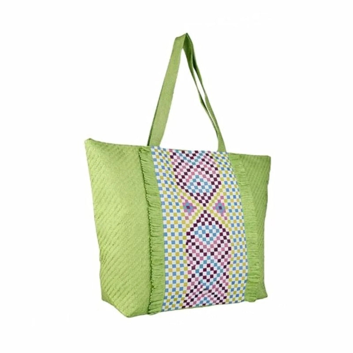 ENSAC Checkered Fringe Beach Bag Tote for women | Woven Geometric Summer Shoulder Handbag