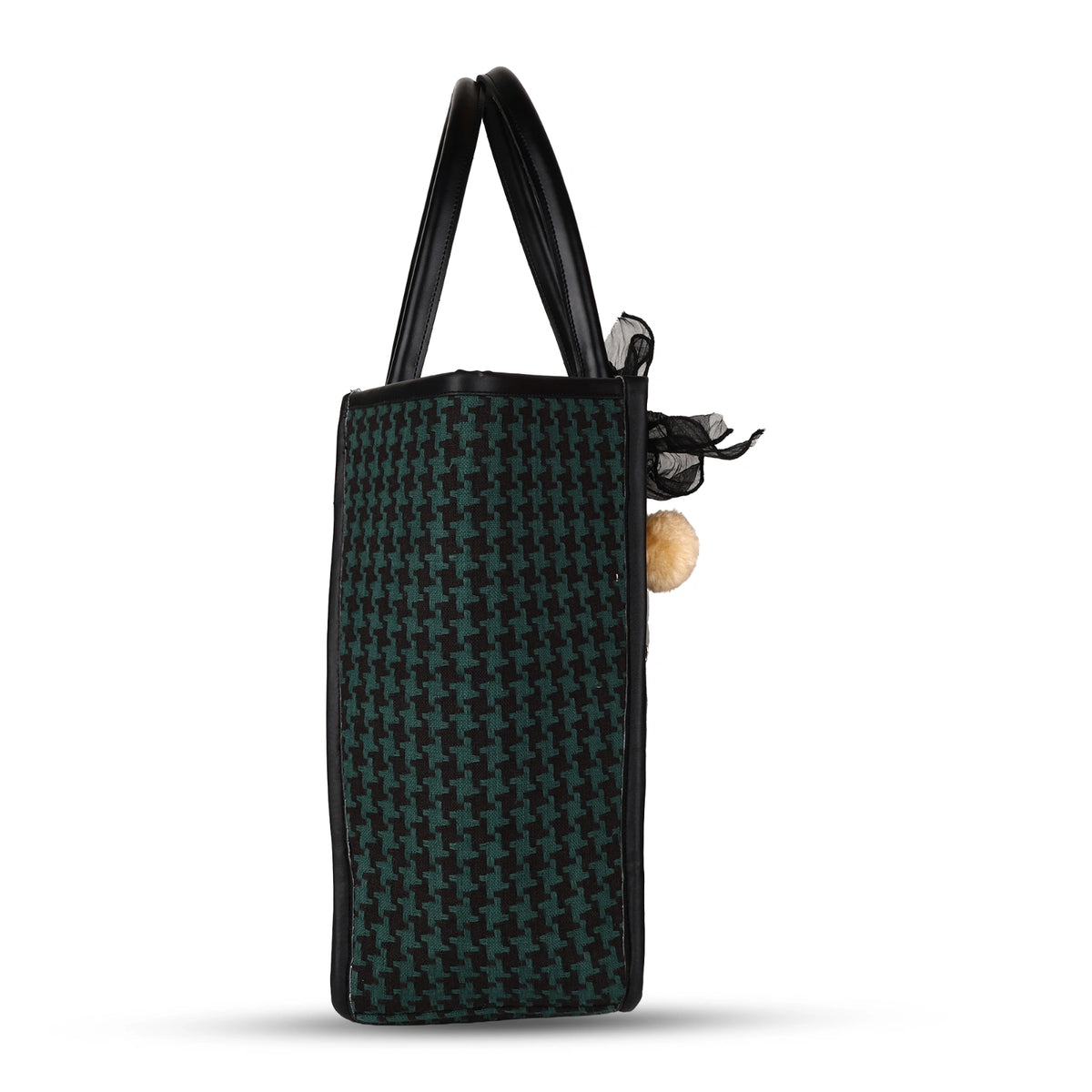 ENSAC Women’s Green & Black Houndstooth Laptop Tote Bag with Charm