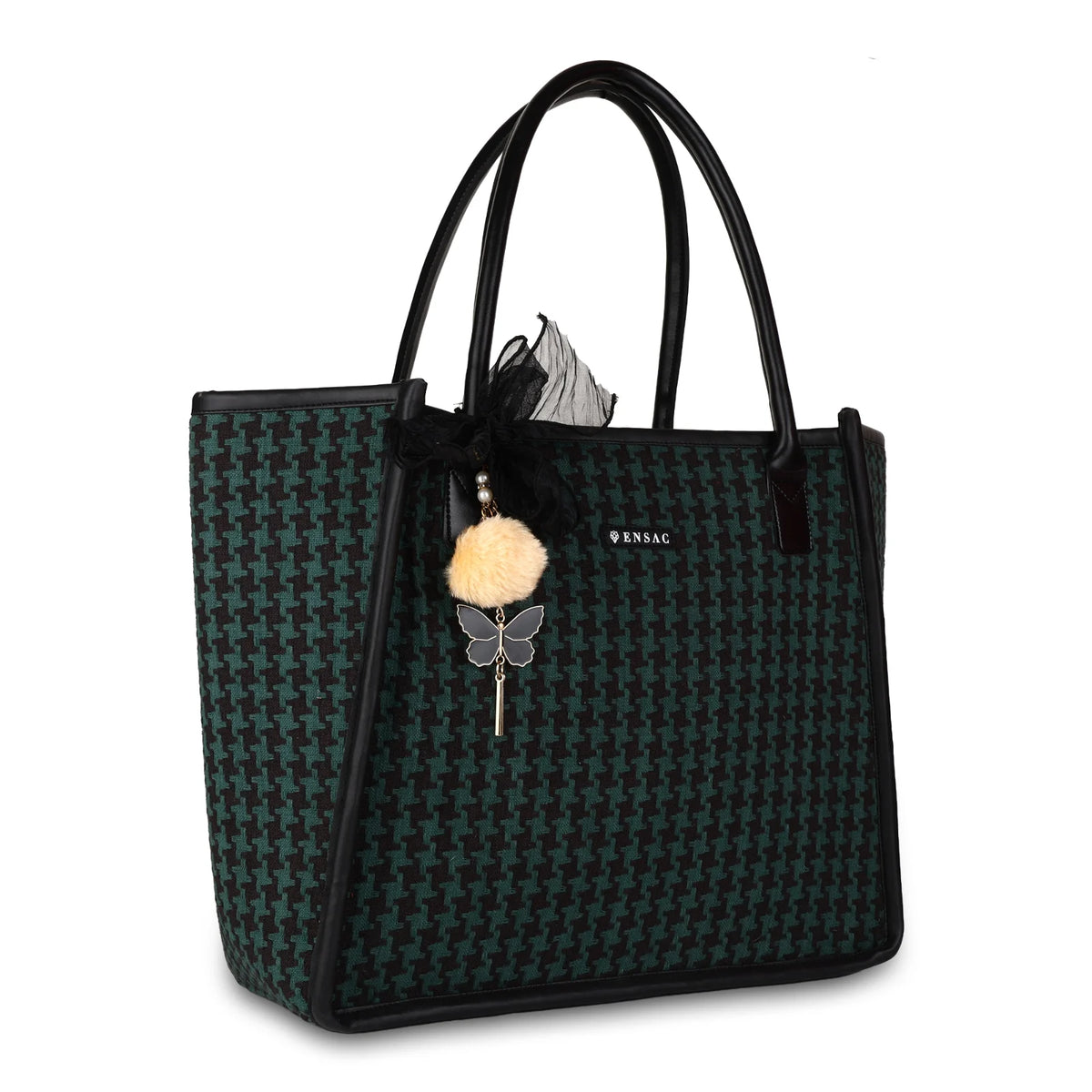 ENSAC Women’s Green & Black Houndstooth Laptop Tote Bag with Charm