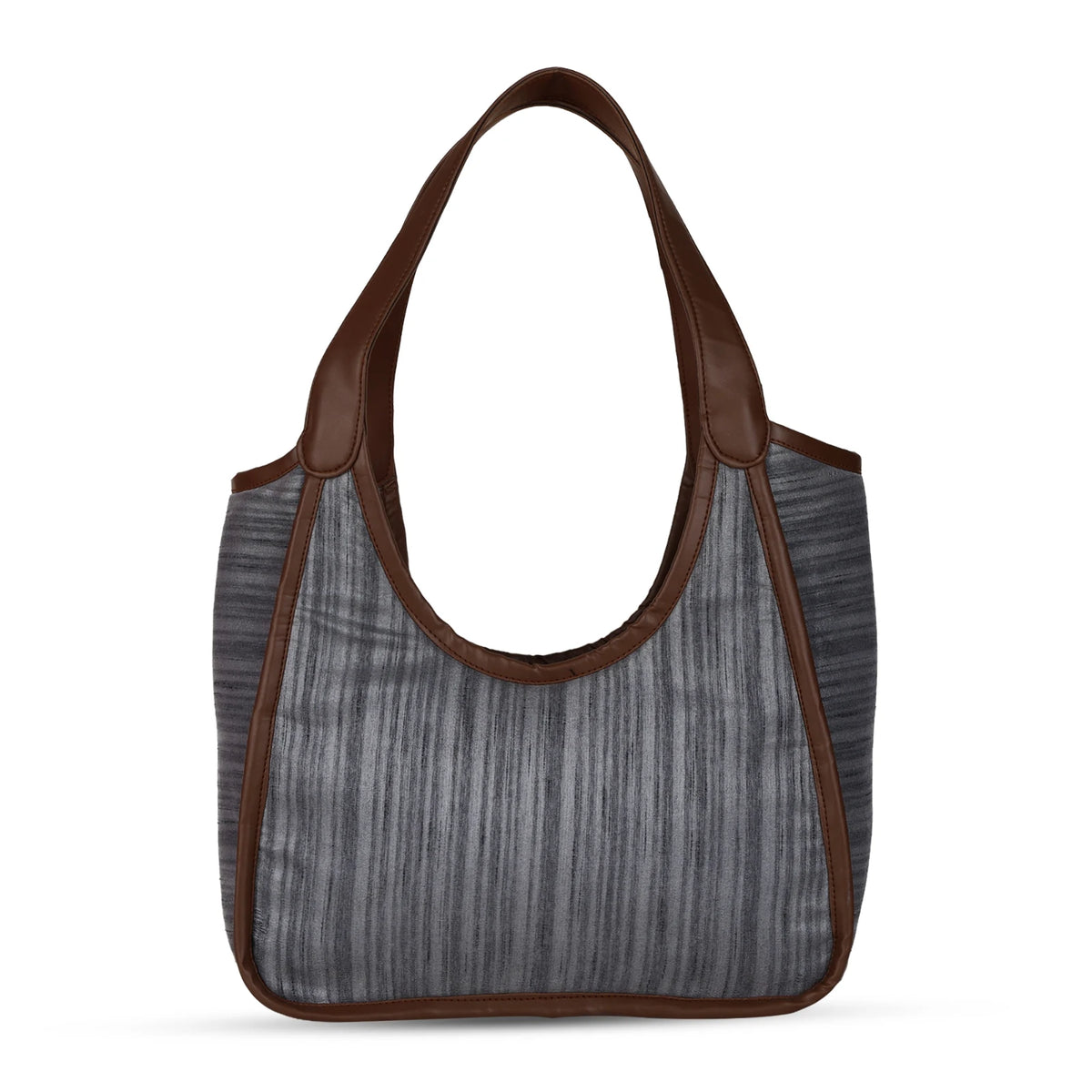 ENSAC Oval Textured Grey Hobo Bag for Women with Brown Trim