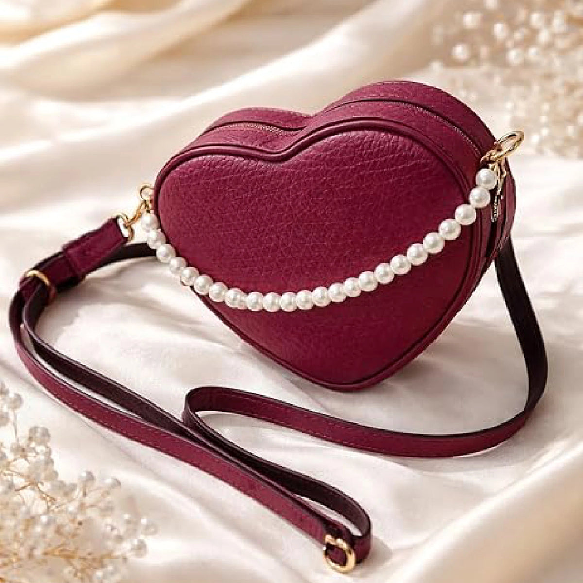 ENSAC Heart Shaped Bag for Women – Pearl Crossbody Sling Bag with Tassel