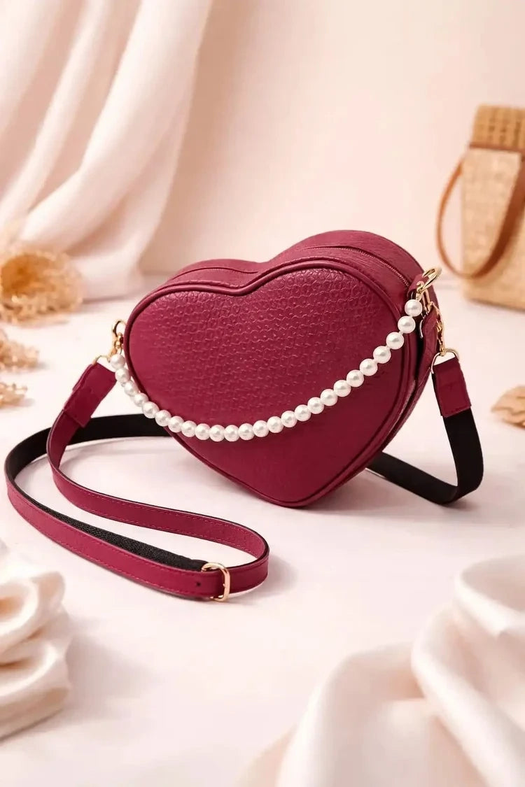 ENSAC Women's Maroon Heart Shaped Pearl Accent Crossbody Sling Bag with Tassel