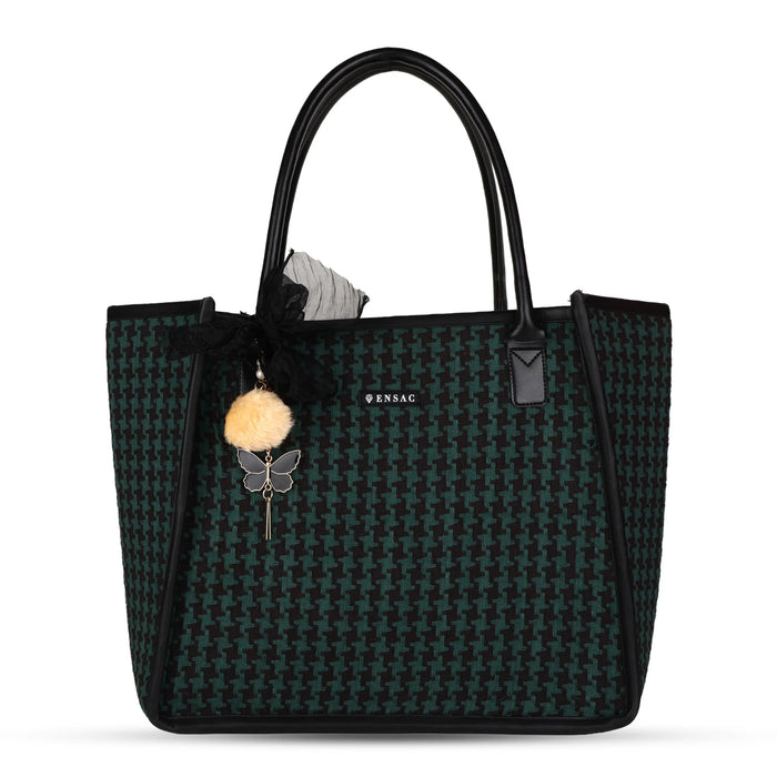ENSAC Women’s Green & Black Houndstooth Laptop Tote Bag with Charm