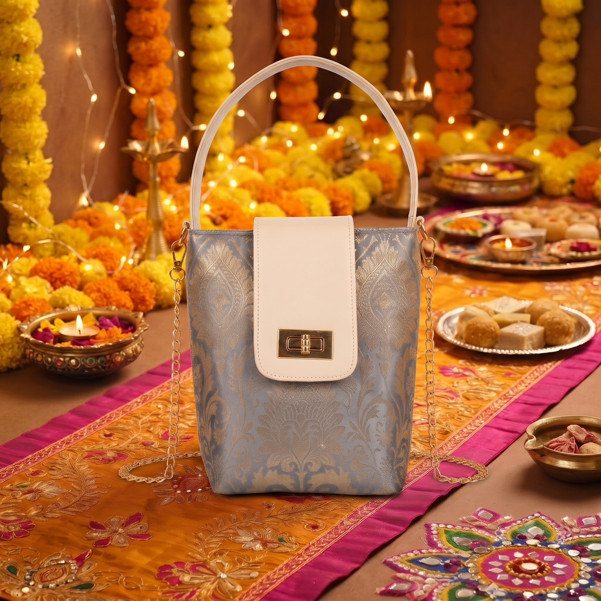ENSAC Eternal Love Sling Bag | Silk Festive Top Handle Chain Handbag for Women