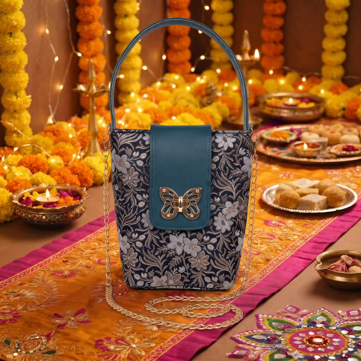 ENSAC Eternal Love Sling Bag | Silk Festive Top Handle Chain Handbag for Women