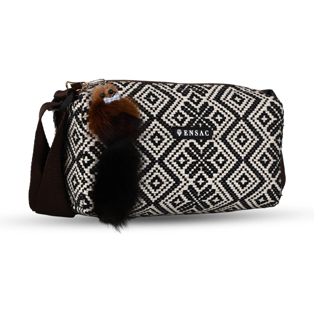 ENSAC Women's Black & White Aztec Jacquard Woven Crossbody Camera sling Bag with Plush Charm