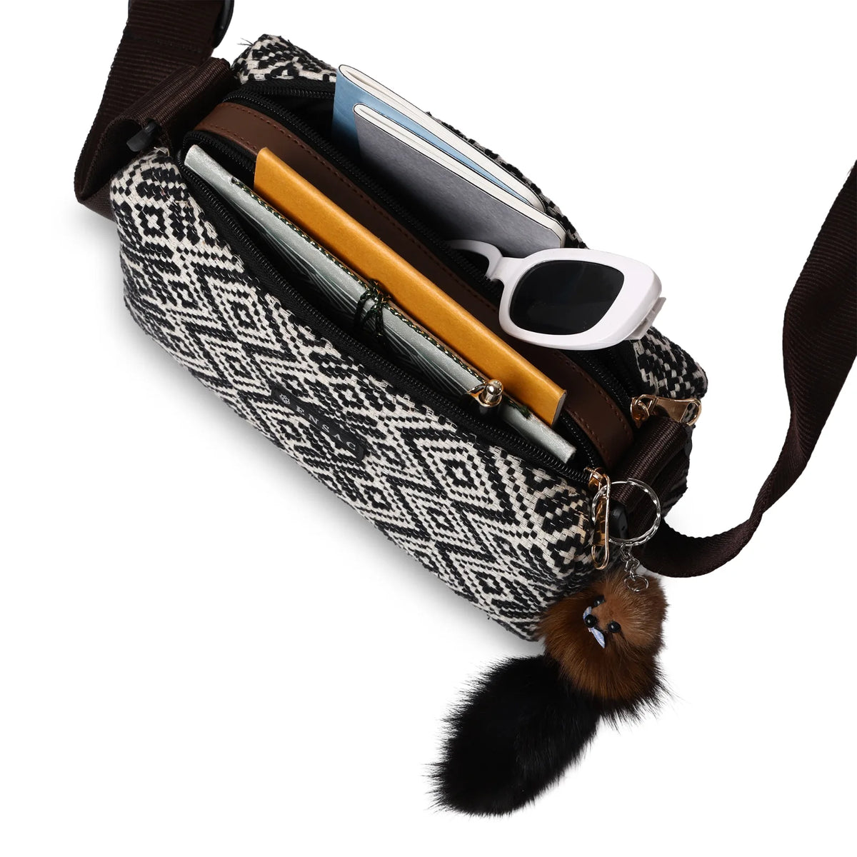 ENSAC Women's Black & White Aztec Jacquard Woven Crossbody Camera sling Bag with Plush Charm