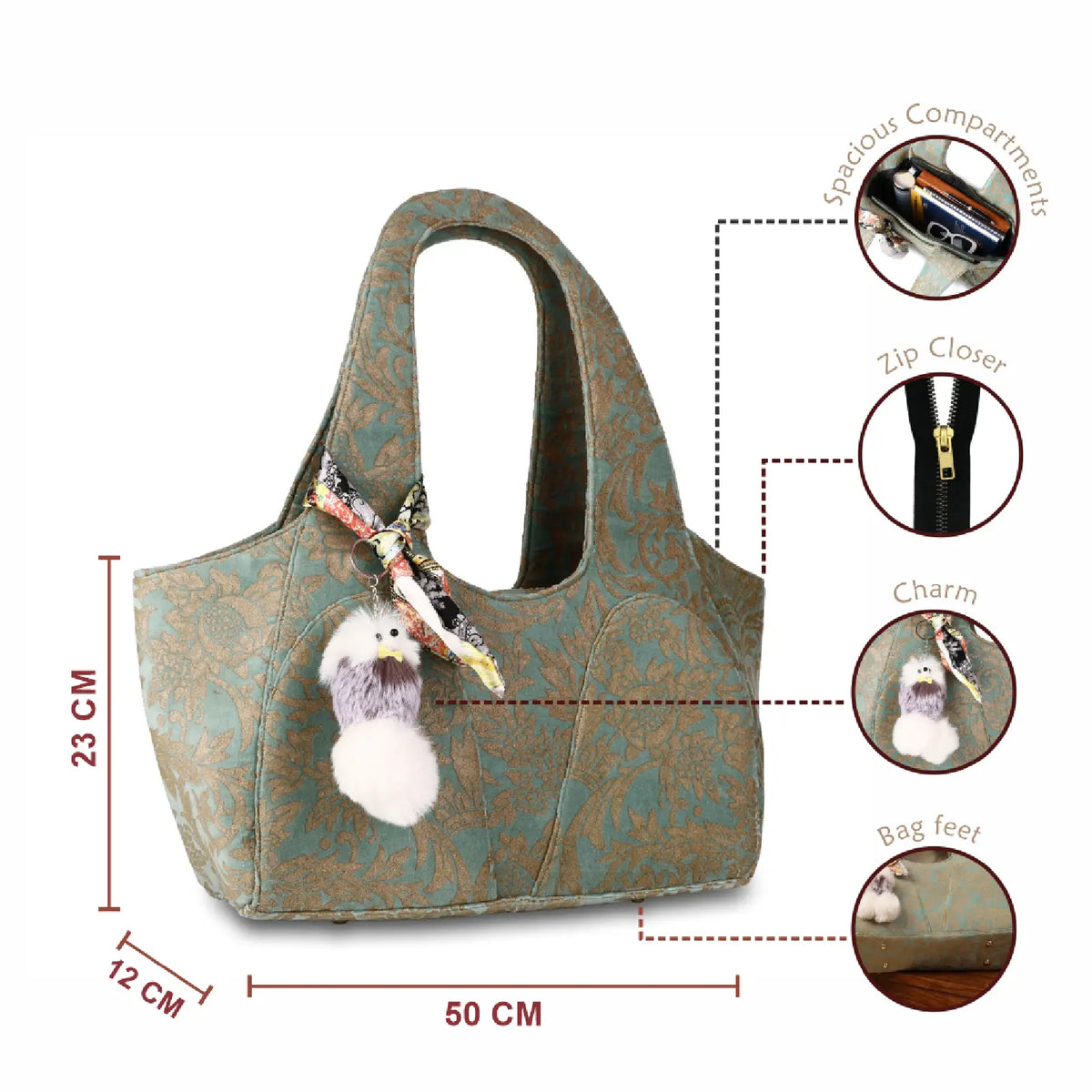 ENSAC Women's Sage & Gold Floral Velvet Tapestry Hobo Shoulder Bag