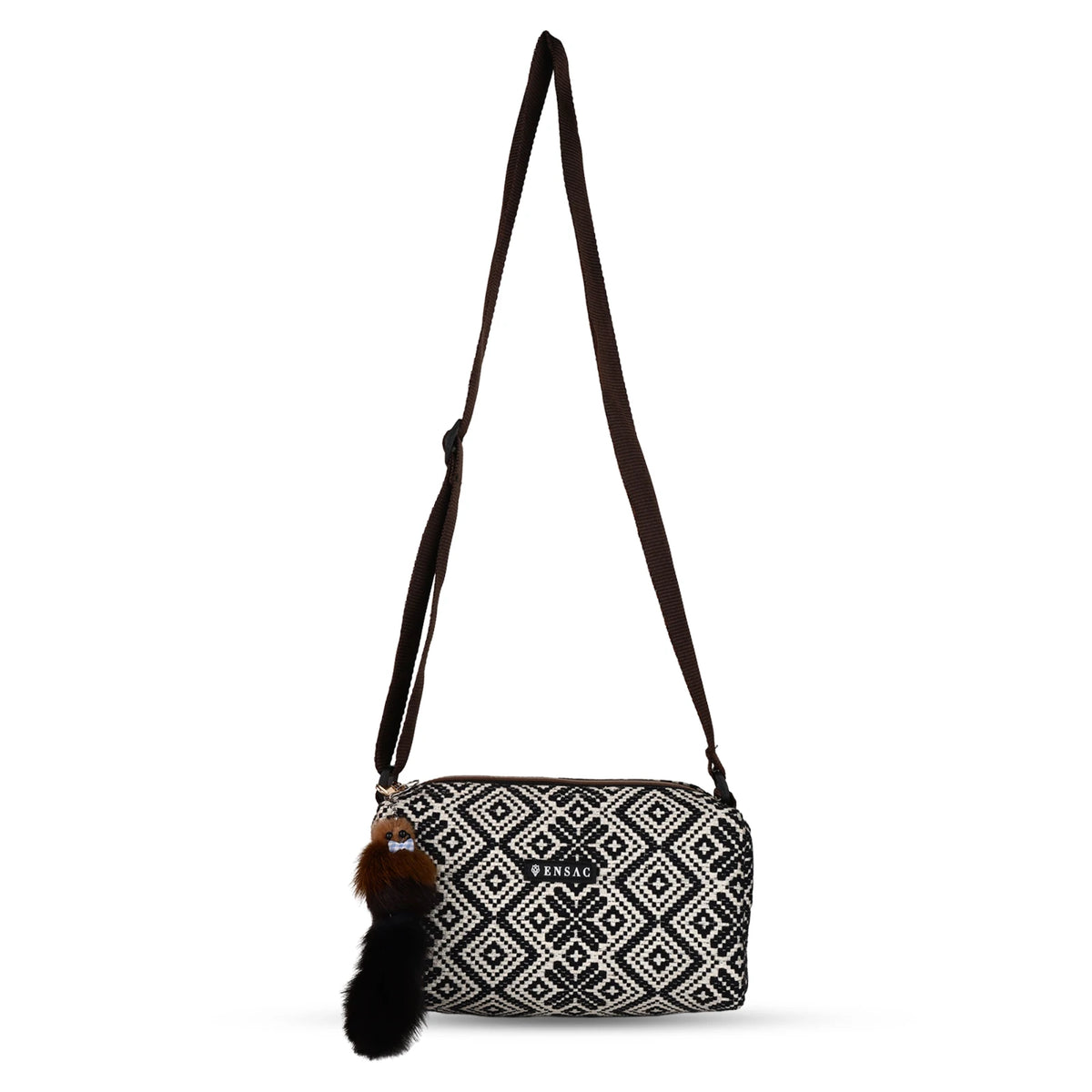 ENSAC Women's Black & White Aztec Jacquard Woven Crossbody Camera sling Bag with Plush Charm