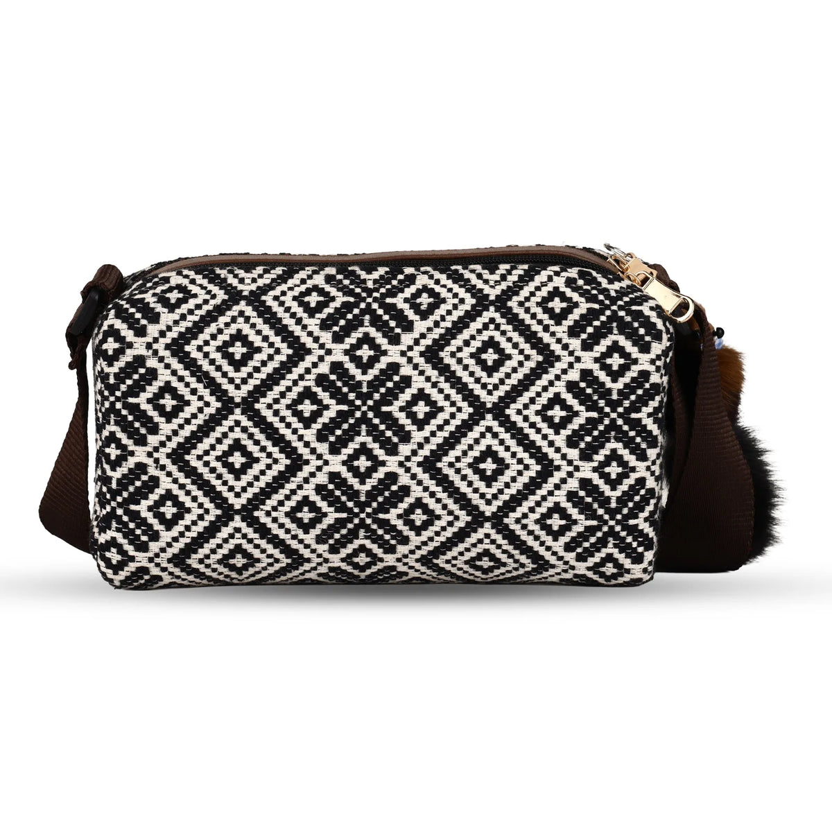 ENSAC Women's Black & White Aztec Jacquard Woven Crossbody Camera sling Bag with Plush Charm