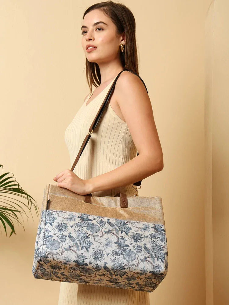 ENSAC Women's Printed Jute Tote Bags with Zip Closure & Top Handles