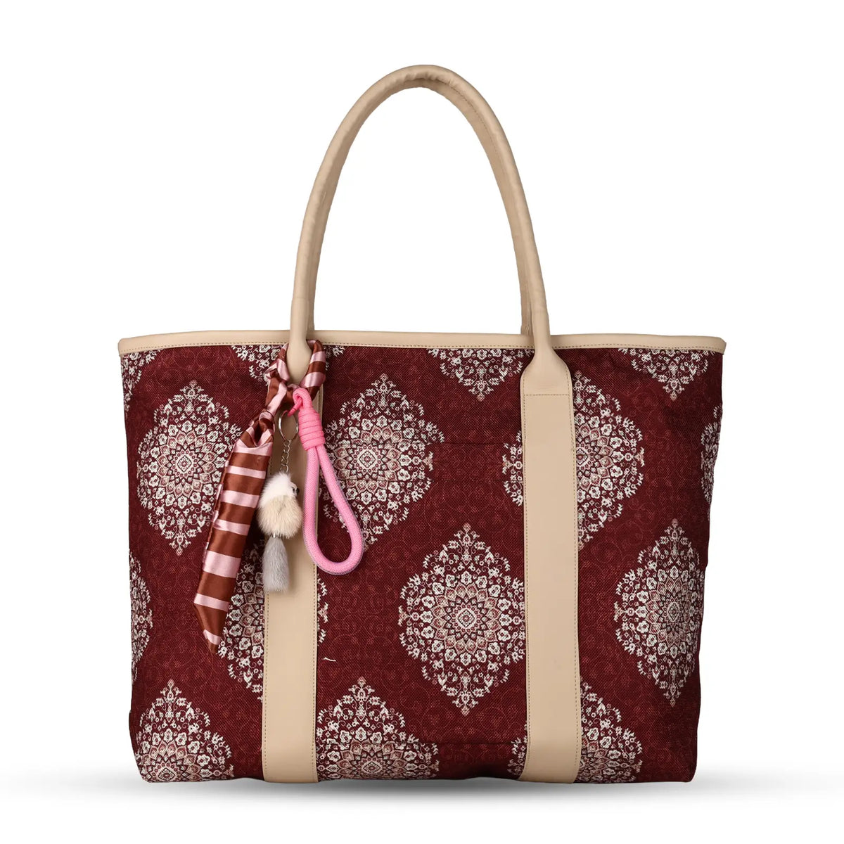 ENSAC Women's Maroon Medallion Print Woven Laptop Tote Bag with Ribbon Charm