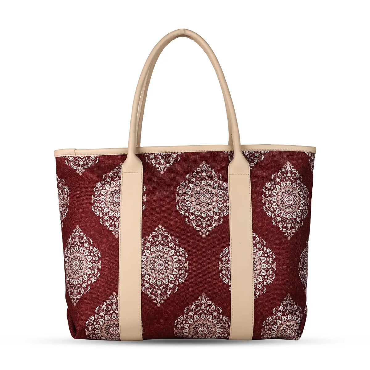 ENSAC Women's Maroon Medallion Print Woven Laptop Tote Bag with Ribbon Charm