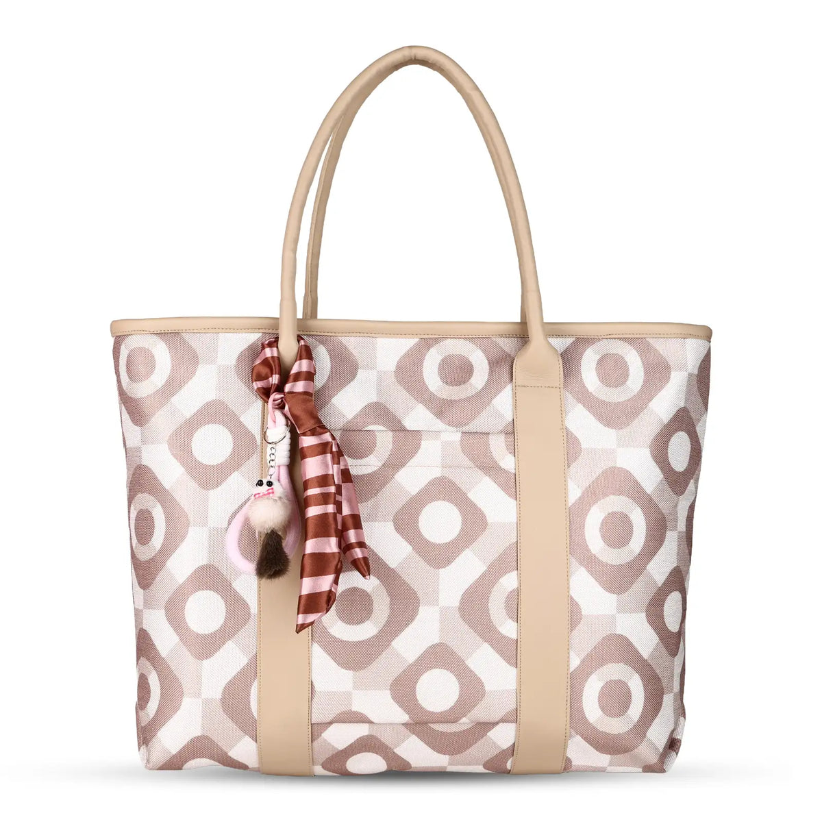 ENSAC Women's Beige & White Geometric Print Natural Woven Laptop Tote Bag with Ribbon Charm