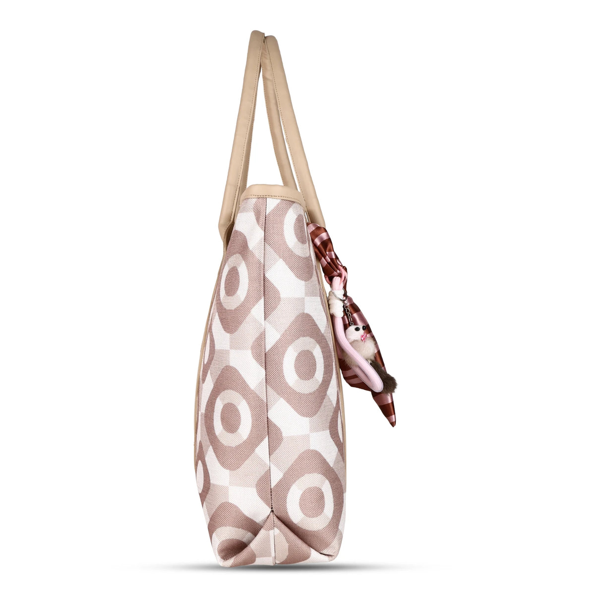 ENSAC Women's Beige & White Geometric Print Natural Woven Laptop Tote Bag with Ribbon Charm