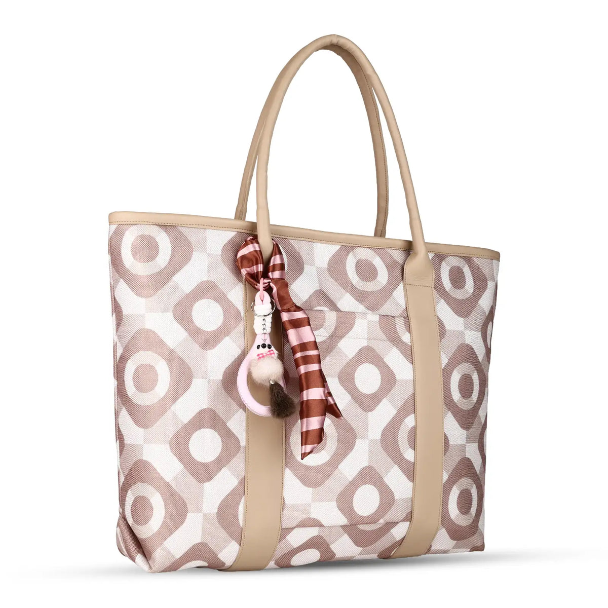 ENSAC Women's Beige & White Geometric Print Natural Woven Laptop Tote Bag with Ribbon Charm