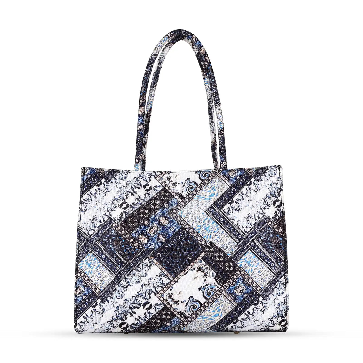 ENSAC Patchwork Tote Bag for Women with Fur Charm – Blue & White