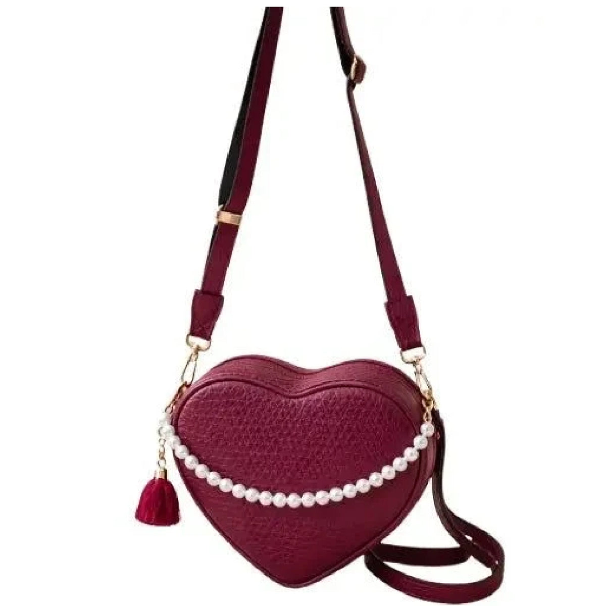 ENSAC Women's Maroon Heart Shaped Pearl Accent Crossbody Sling Bag with Tassel