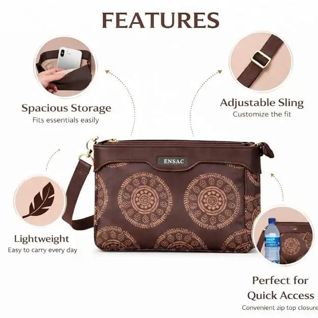 ENSAC Women's Ethnic Sling Bag – Printed Satin Silk Crossbody Bag