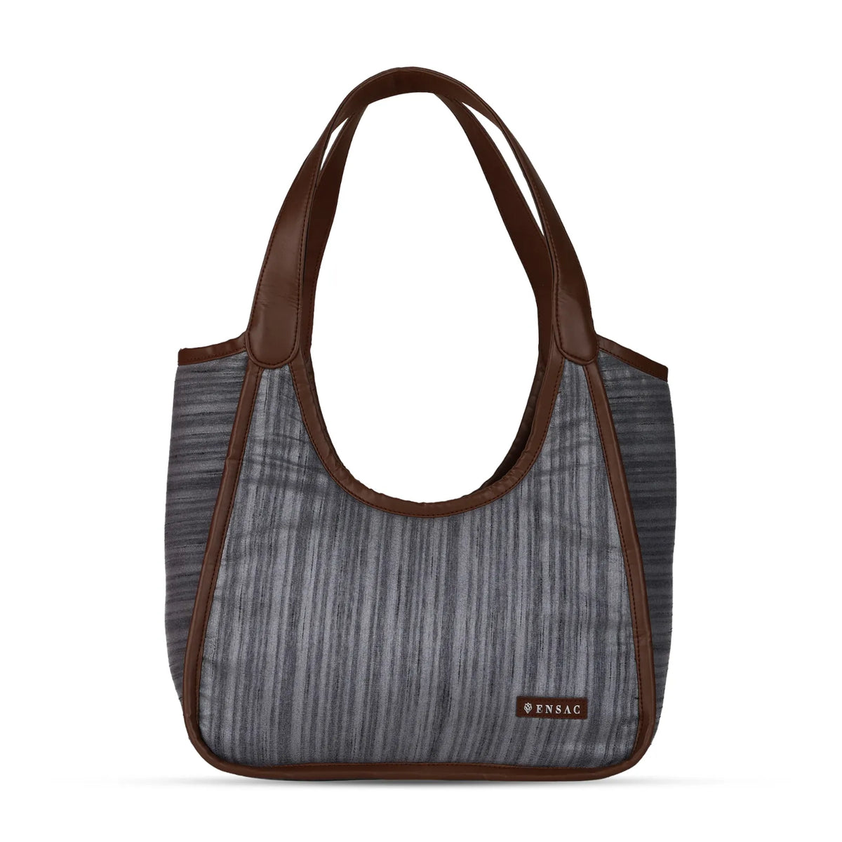 ENSAC Oval Textured Grey Hobo Bag for Women with Brown Trim