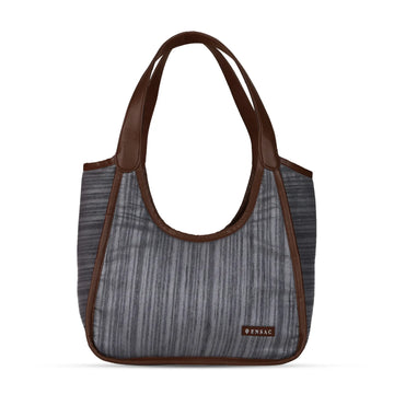 ENSAC Oval Textured Grey Hobo Bag for Women with Brown Trim