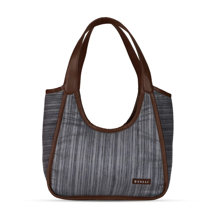 ENSAC Oval Textured Grey Hobo Bag for Women with Brown Trim