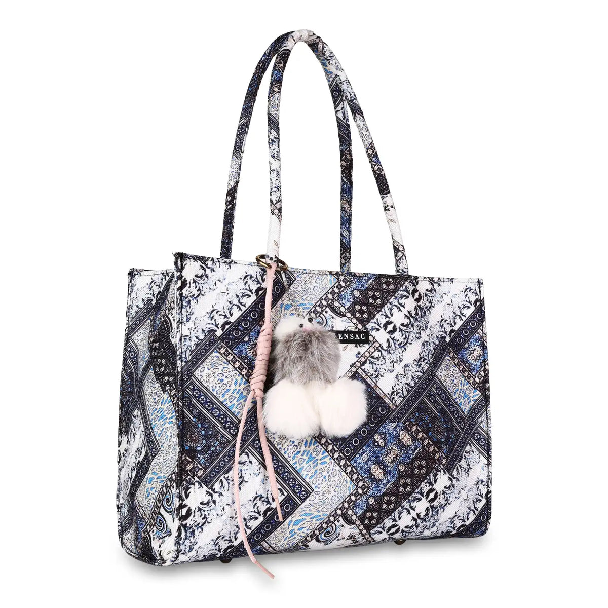 ENSAC Patchwork Tote Bag for Women with Fur Charm – Blue & White