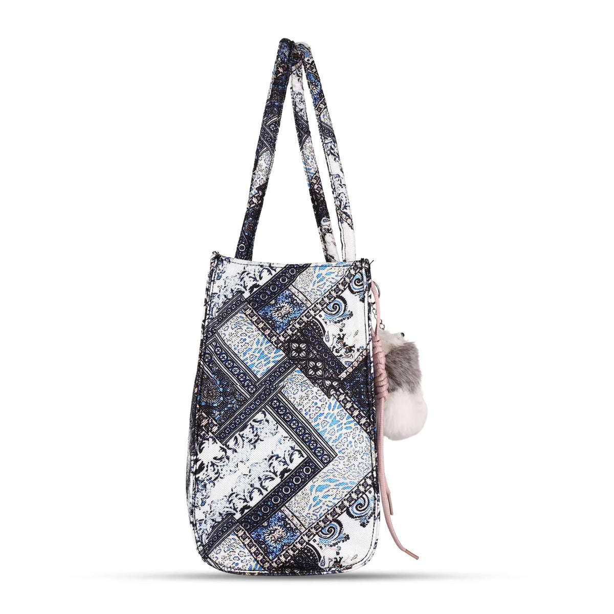 ENSAC Patchwork Tote Bag for Women with Fur Charm – Blue & White