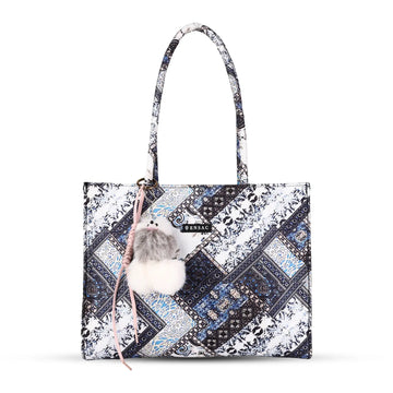 ENSAC Patchwork Tote Bag for Women with Fur Charm – Blue & White