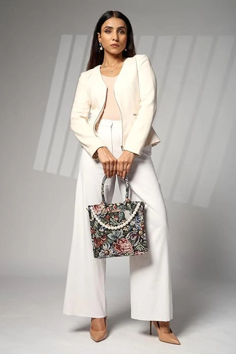 ENSAC Women's Printed Pearl Bag & Woven Jacquard Sling Bag with Top Handle