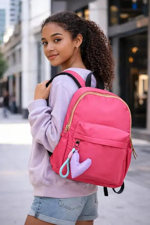 ENSAC Pink Backpack for Girls & Kids – Parachute School Backpack with Heart Charm