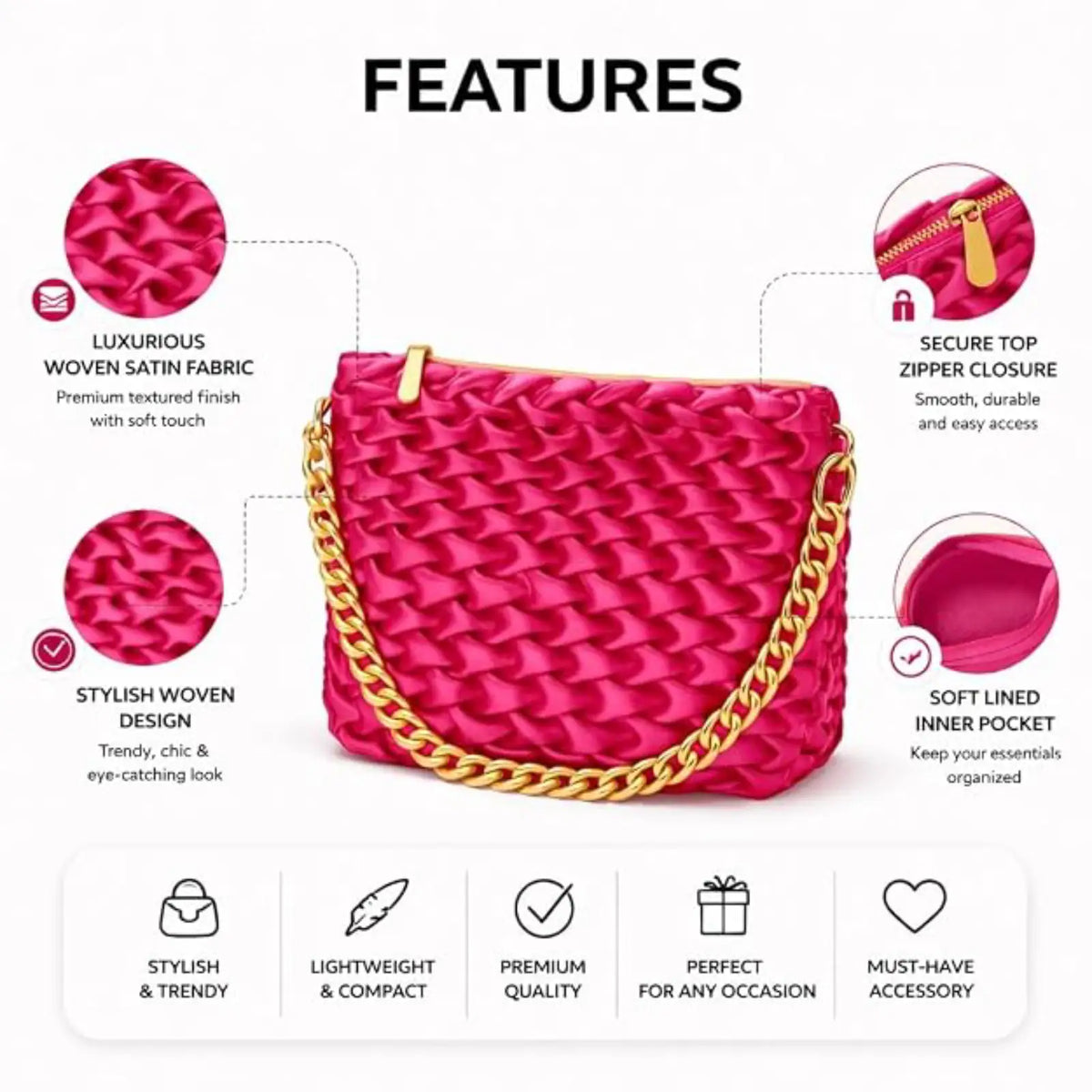 ENSAC Pleated Sling Bag for Women – Satin Silk Evening Party Shoulder Bag