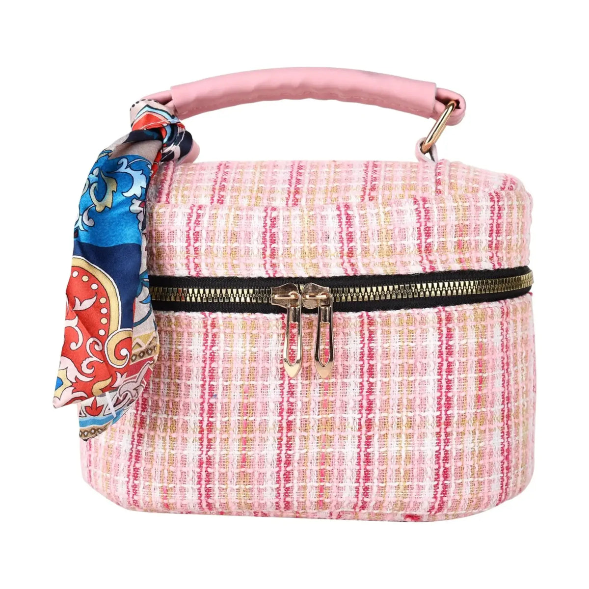 ENSAC Tweed Boxy Crossbody Handbag for Women | Top Handle Bag with Scarf