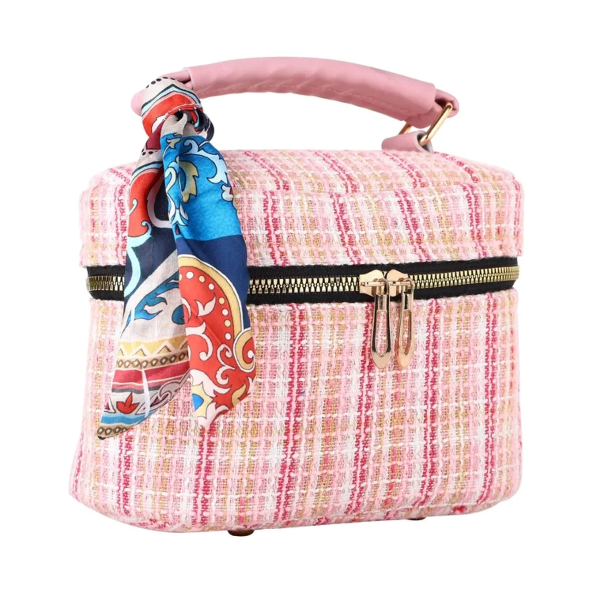 ENSAC Tweed Boxy Crossbody Handbag for Women | Top Handle Bag with Scarf
