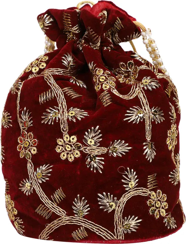 Ensac Women Maroon Potli Bag | Stylish Ethnic Handbag for Parties & Weddings