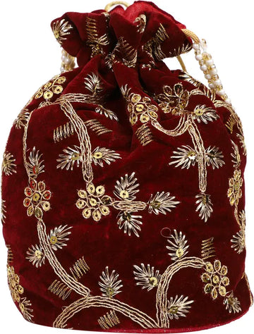 Ensac Women Maroon Potli Bag | Stylish Ethnic Handbag for Parties & Weddings
