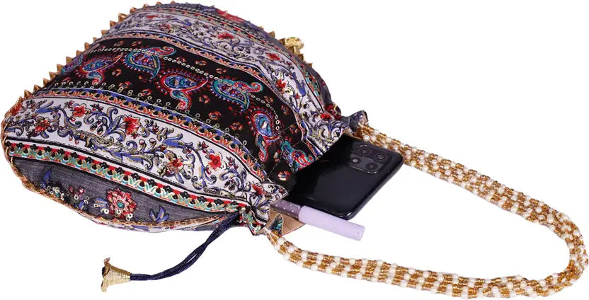 Ensac Women Black Potli Bag | Stylish Ethnic Handbag for Weddings & Parties